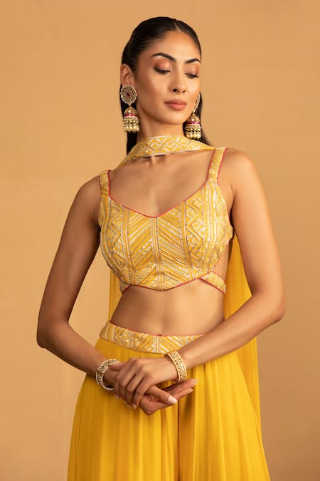Buy Esha Koul Yellow Net, Georgette Gota Patti Asymmetric Embroidered Blouse And Palazzo Set Online at Aza Fashions Buy_Esha Koul_Yellow Net, Georgette Gota Patti Asymmetric Embroidered Blouse And Palazzo Set _Online_at_Aza_Fashions