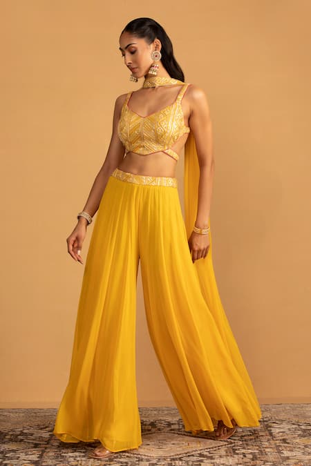 Shop Esha Koul Yellow Net, Georgette Gota Patti Asymmetric Embroidered Blouse And Palazzo Set Online at Aza Fashions Shop_Esha Koul_Yellow Net, Georgette Gota Patti Asymmetric Embroidered Blouse And Palazzo Set _Online_at_Aza_Fashions