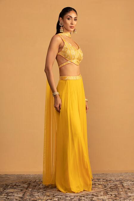 Esha Koul Yellow Net, Georgette Gota Patti Asymmetric Embroidered Blouse And Palazzo Set at Aza Fashions Esha Koul_Yellow Net, Georgette Gota Patti Asymmetric Embroidered Blouse And Palazzo Set _at_Aza_Fashions