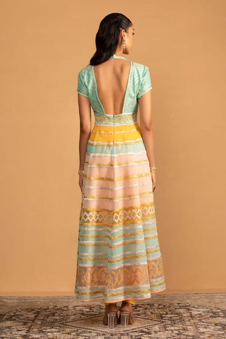 Shop Esha Koul Multi Color Organza, Net, Chanderi, Embroidered Anarkali And Churidaar Set at Aza Fashions Shop_Esha Koul_Multi Color Organza, Net, Chanderi, Embroidered Anarkali And Churidaar Set _at_Aza_Fashions