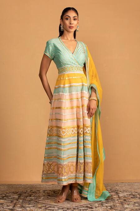 Shop Esha Koul Multi Color Organza, Net, Chanderi, Embroidered Anarkali And Churidaar Set Online at Aza Fashions Shop_Esha Koul_Multi Color Organza, Net, Chanderi, Embroidered Anarkali And Churidaar Set _Online_at_Aza_Fashions