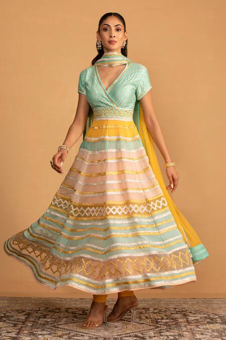 Buy Esha Koul Multi Color Organza, Net, Chanderi, Embroidered Anarkali And Churidaar Set Buy_Esha Koul_Multi Color Organza, Net, Chanderi, Embroidered Anarkali And Churidaar Set