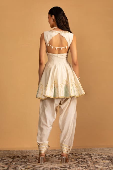 Shop Esha Koul Off White Organza, Chanderi Embroidery, Gota Patti Peplum Kurta And Salwar Set at Aza Fashions Shop_Esha Koul_Off White Organza, Chanderi Embroidery, Gota Patti Peplum Kurta And Salwar Set _at_Aza_Fashions