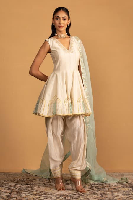 Buy Esha Koul Off White Organza, Chanderi Embroidery, Gota Patti Peplum Kurta And Salwar Set Online at Aza Fashions Buy_Esha Koul_Off White Organza, Chanderi Embroidery, Gota Patti Peplum Kurta And Salwar Set _Online_at_Aza_Fashions