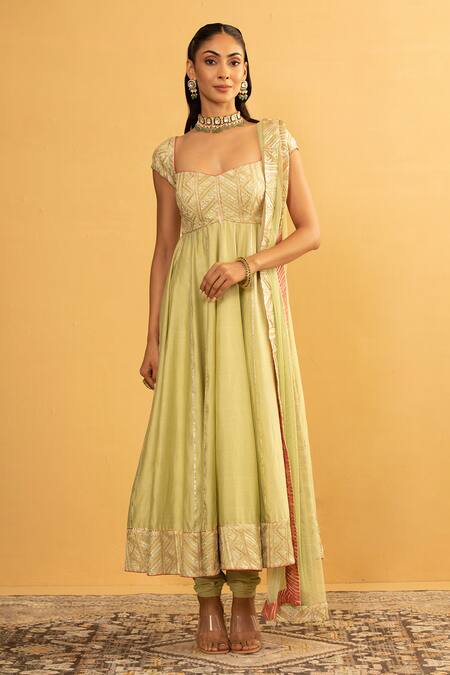 Esha Koul_Green Chanderi, Net, Cotton Embroidery, Gota Patti Anarkali And Churidar Set _Online_at_Aza_Fashions
