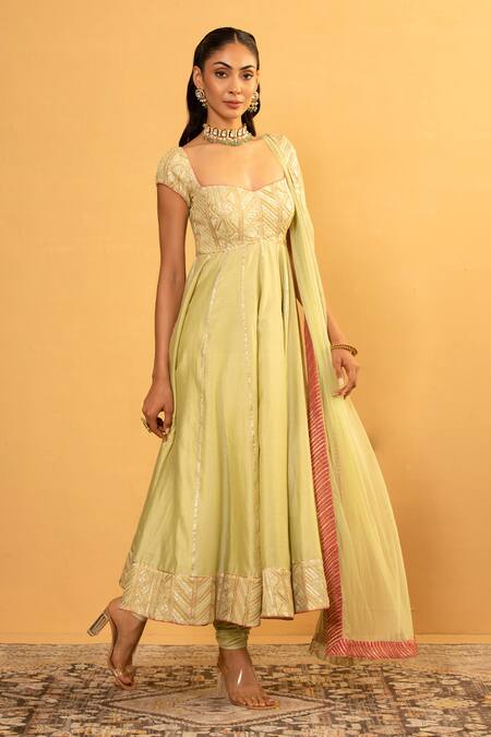 Buy_Esha Koul_Green Chanderi, Net, Cotton Embroidery, Gota Patti Anarkali And Churidar Set _Online_at_Aza_Fashions