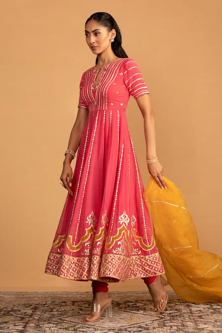 Esha Koul_Pink Organza, Georgette, Crepe Embroidery, Patchwork Anarkali And Churidaar Set _Online_at_Aza_Fashions