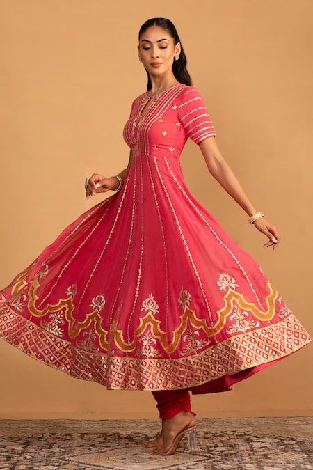 Buy_Esha Koul_Pink Organza, Georgette, Crepe Embroidery, Patchwork Anarkali And Churidaar Set _Online_at_Aza_Fashions