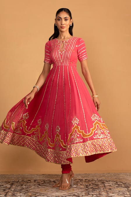 Shop_Esha Koul_Pink Organza, Georgette, Crepe Embroidery, Patchwork Anarkali And Churidaar Set _Online_at_Aza_Fashions
