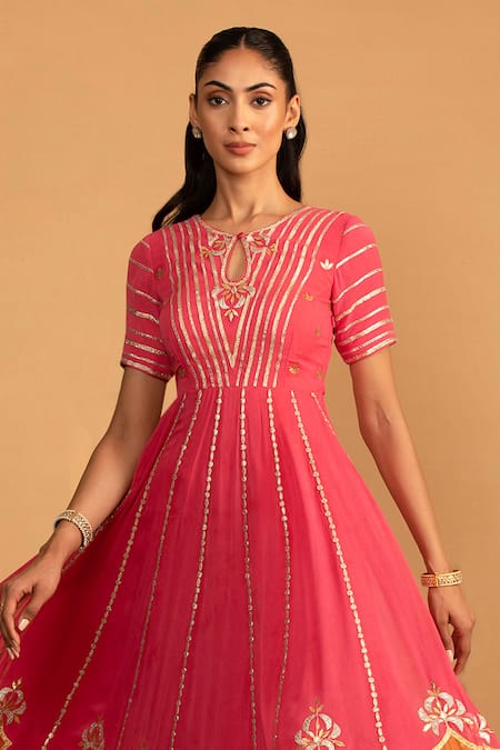 Esha Koul_Pink Organza, Georgette, Crepe Embroidery, Patchwork Anarkali And Churidaar Set _at_Aza_Fashions