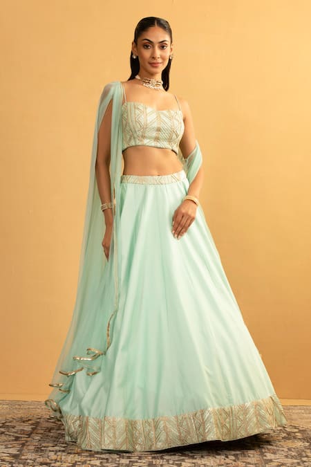 Esha Koul_Sky Blue Net, Chanderi, Georgette Gota Work Embroidered Blouse And Lehenga Set _Online_at_Aza_Fashions