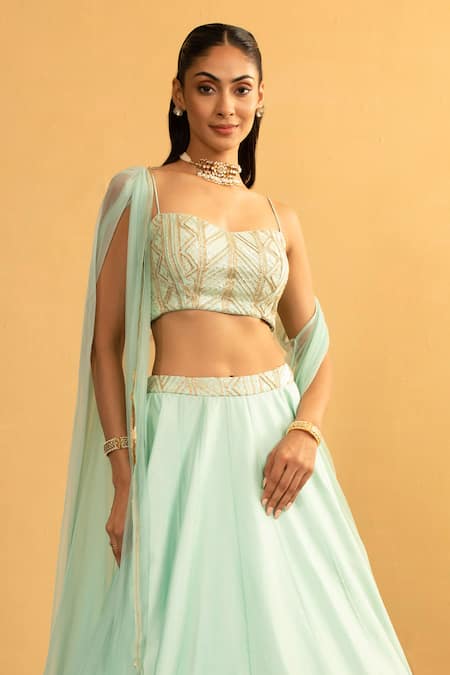 Buy_Esha Koul_Sky Blue Net, Chanderi, Georgette Gota Work Embroidered Blouse And Lehenga Set _Online_at_Aza_Fashions