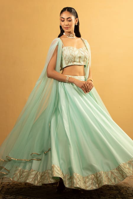 Shop_Esha Koul_Sky Blue Net, Chanderi, Georgette Gota Work Embroidered Blouse And Lehenga Set _Online_at_Aza_Fashions