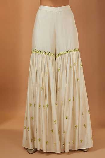 Esha Koul_Green Organza, Chanderi, Lining Semi Crepe Mirror Round Work Kurta Sharara Set _Online_at_Aza_Fashions