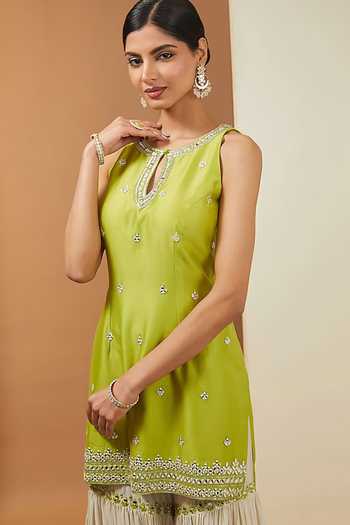 Buy_Esha Koul_Green Organza, Chanderi, Lining Semi Crepe Mirror Round Work Kurta Sharara Set _Online_at_Aza_Fashions
