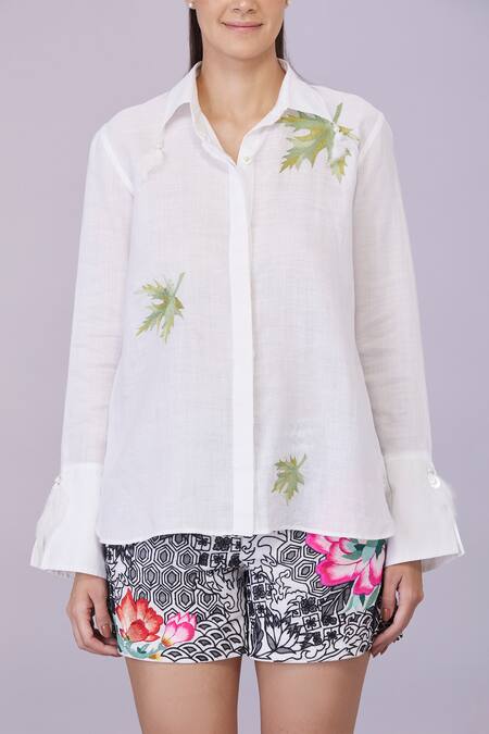 Dilnaz_White Blended Linen Embroidery Falling Leaf Collar Neck Shirt_Online_at_Aza_Fashions