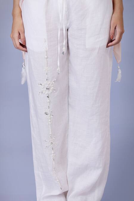 Dilnaz_Ivory Blended Linen Embroidery Pearl Snowflake Trouser_Online_at_Aza_Fashions