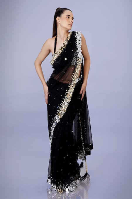 DILNAZ Pearl & Sequin Border Embroidered Saree With Petticoat 