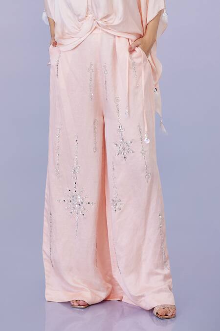 Dilnaz Peach Blended Satin Linen Embroidery Sequin Snowflake Flared Trouser Online at Aza Fashions Dilnaz_Peach Blended Satin Linen Embroidery Sequin Snowflake Flared Trouser_Online_at_Aza_Fashions