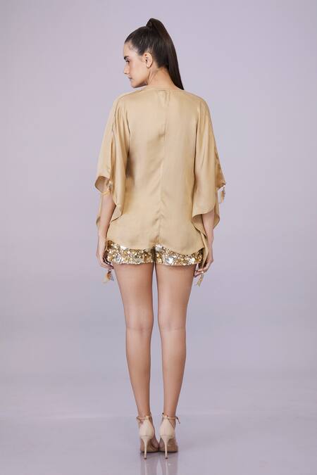 Dilnaz Gold Blended Satin Plain V Neck Tassel Embellished Draped Kaftan Online at Aza Fashions Dilnaz_Gold Blended Satin Plain V Neck Tassel Embellished Draped Kaftan_Online_at_Aza_Fashions