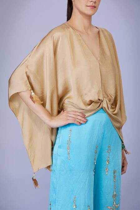 Shop Dilnaz Gold Blended Satin Plain V Neck Tassel Embellished Draped Kaftan Online at Aza Fashions Shop_Dilnaz_Gold Blended Satin Plain V Neck Tassel Embellished Draped Kaftan_Online_at_Aza_Fashions