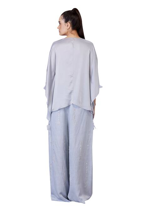 Dilnaz_Grey Blended Satin Plain V Neck Tassel Embellished Draped Kaftan_Online_at_Aza_Fashions