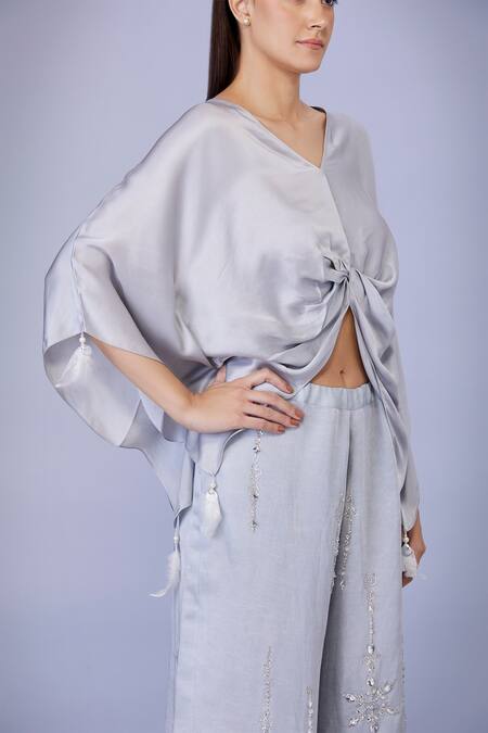 Buy_Dilnaz_Grey Blended Satin Plain V Neck Tassel Embellished Draped Kaftan_Online_at_Aza_Fashions
