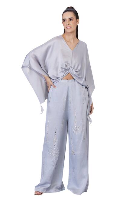 Shop_Dilnaz_Grey Blended Satin Plain V Neck Tassel Embellished Draped Kaftan_Online_at_Aza_Fashions