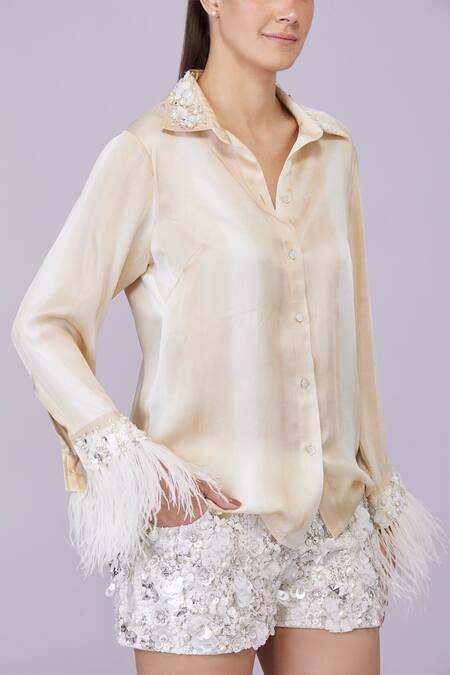 Dilnaz_Beige Satin Sequins, Pearls Collared Striped Tie Dye Feathered Cuff Shirt_Online_at_Aza_Fashions