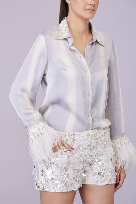 Dilnaz Grey Blended Satin Striped Tie Dye Collar Neck Feathered Cuff Shirt Online at Aza Fashions Dilnaz_Grey Blended Satin Striped Tie Dye Collar Neck Feathered Cuff Shirt_Online_at_Aza_Fashions