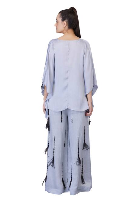 Dilnaz Grey Blended Satin Plain V Neck Tassel Embellished Draped Solid Kaftan Online at Aza Fashions Dilnaz_Grey Blended Satin Plain V Neck Tassel Embellished Draped Solid Kaftan_Online_at_Aza_Fashions