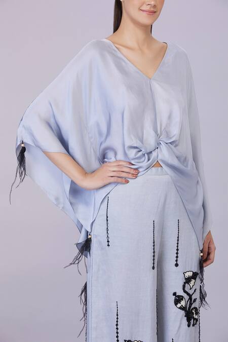 Buy Dilnaz Grey Blended Satin Plain V Neck Tassel Embellished Draped Solid Kaftan Online at Aza Fashions Buy_Dilnaz_Grey Blended Satin Plain V Neck Tassel Embellished Draped Solid Kaftan_Online_at_Aza_Fashions