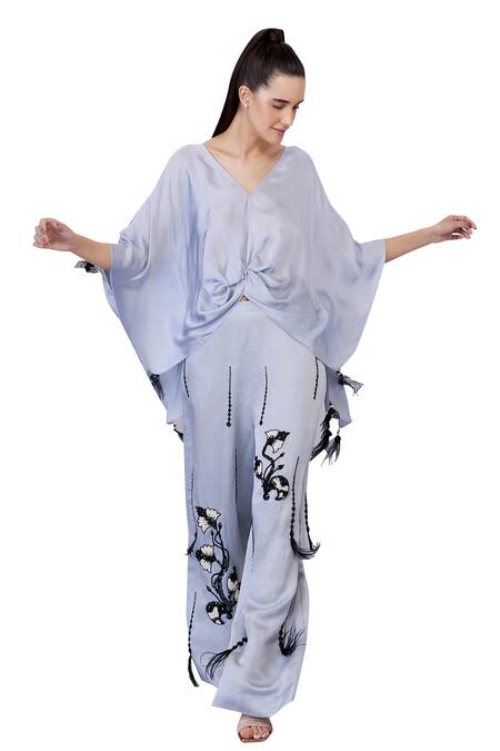 Shop Dilnaz Grey Blended Satin Plain V Neck Tassel Embellished Draped Solid Kaftan Online at Aza Fashions Shop_Dilnaz_Grey Blended Satin Plain V Neck Tassel Embellished Draped Solid Kaftan_Online_at_Aza_Fashions