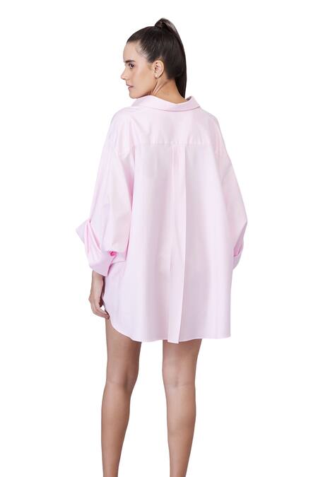 Dilnaz_Pink Blended Cotton Embroidery Snow Flake Collared Shirt_Online_at_Aza_Fashions