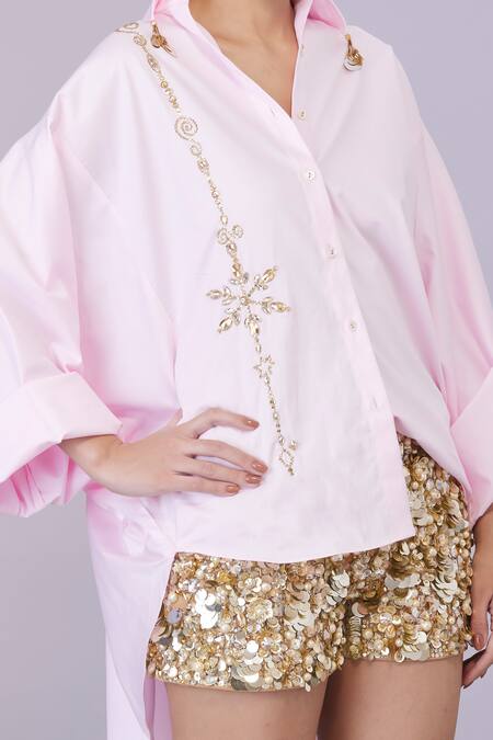 Buy_Dilnaz_Pink Blended Cotton Embroidery Snow Flake Collared Shirt_Online_at_Aza_Fashions