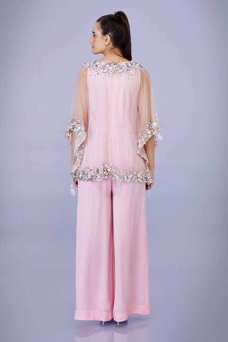 Shop Dilnaz Pink Net And Blended Satin Embroidery Crystal V Neck Floral Kaftan With Jumpsuit at Aza Fashions Shop_Dilnaz_Pink Net And Blended Satin Embroidery Crystal V Neck Floral Kaftan With Jumpsuit_at_Aza_Fashions