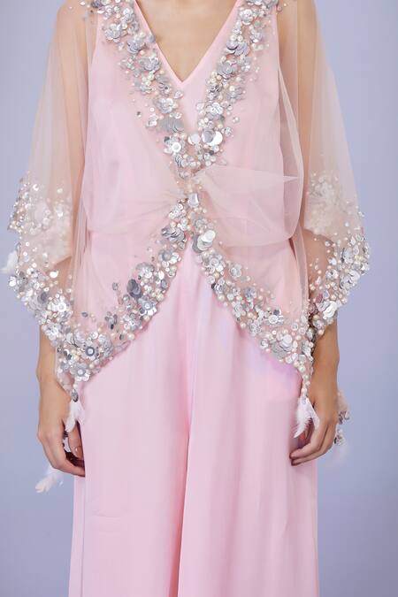 Dilnaz Pink Net And Blended Satin Embroidery Crystal V Neck Floral Kaftan With Jumpsuit Online at Aza Fashions Dilnaz_Pink Net And Blended Satin Embroidery Crystal V Neck Floral Kaftan With Jumpsuit_Online_at_Aza_Fashions