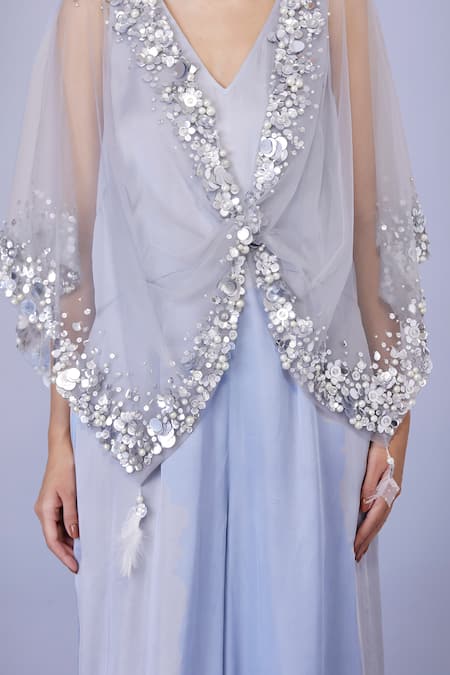 Dilnaz Grey Net And Blended Satin Embroidery Crystal Floral Sequin Kaftan With Jumpsuit Online at Aza Fashions Dilnaz_Grey Net And Blended Satin Embroidery Crystal Floral Sequin Kaftan With Jumpsuit_Online_at_Aza_Fashions