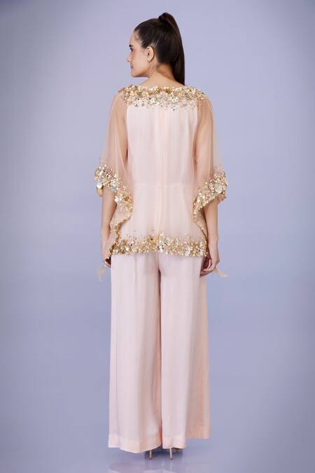 Shop Dilnaz Peach Net And Blended Satin Embroidery Crystal V Neck Sequin Kaftan With Jumpsuit at Aza Fashions Shop_Dilnaz_Peach Net And Blended Satin Embroidery Crystal V Neck Sequin Kaftan With Jumpsuit_at_Aza_Fashions