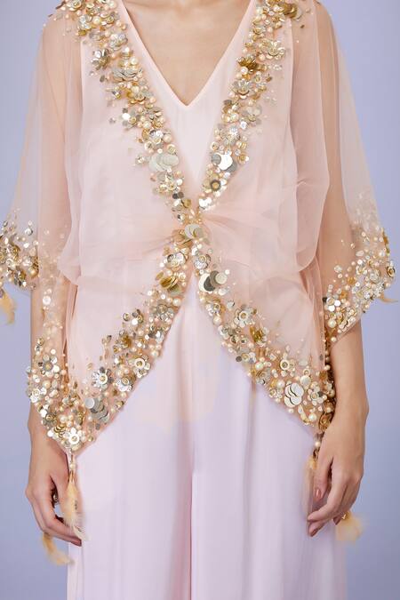 Dilnaz Peach Net And Blended Satin Embroidery Crystal V Neck Sequin Kaftan With Jumpsuit Online at Aza Fashions Dilnaz_Peach Net And Blended Satin Embroidery Crystal V Neck Sequin Kaftan With Jumpsuit_Online_at_Aza_Fashions