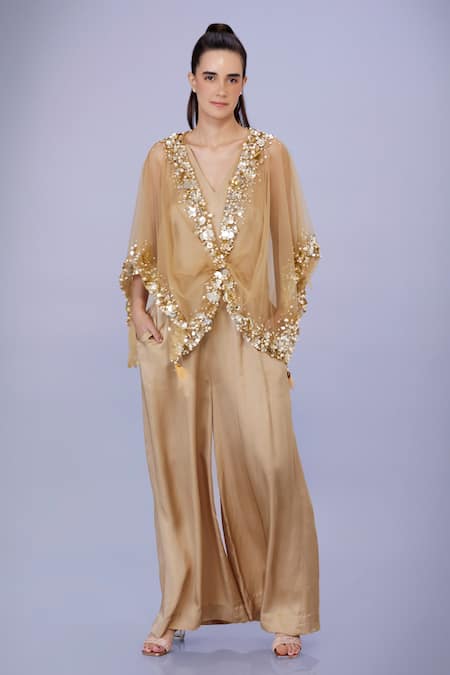 DILNAZ Sequin Embroidered Sheer Kaftan With Jumpsuit 