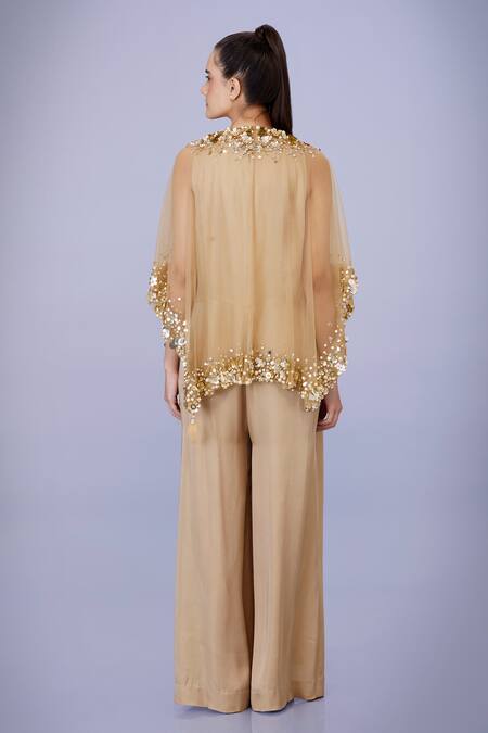 Shop Dilnaz Gold Net And Blended Satin Embroidery Crystal V Sequin Sheer Kaftan With Jumpsuit at Aza Fashions Shop_Dilnaz_Gold Net And Blended Satin Embroidery Crystal V Sequin Sheer Kaftan With Jumpsuit_at_Aza_Fashions