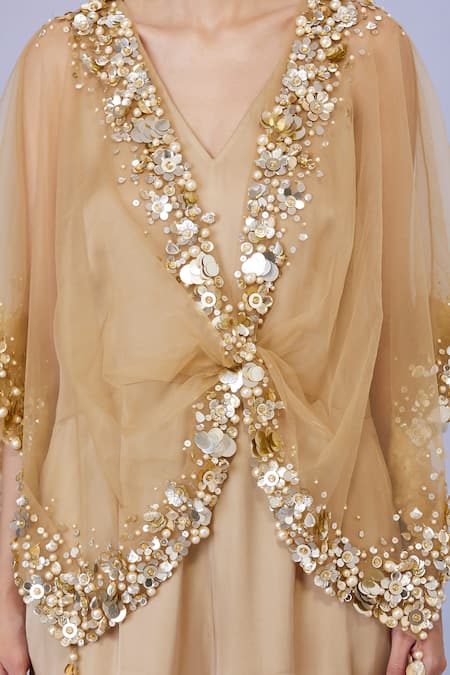 Dilnaz Gold Net And Blended Satin Embroidery Crystal V Sequin Sheer Kaftan With Jumpsuit Online at Aza Fashions Dilnaz_Gold Net And Blended Satin Embroidery Crystal V Sequin Sheer Kaftan With Jumpsuit_Online_at_Aza_Fashions