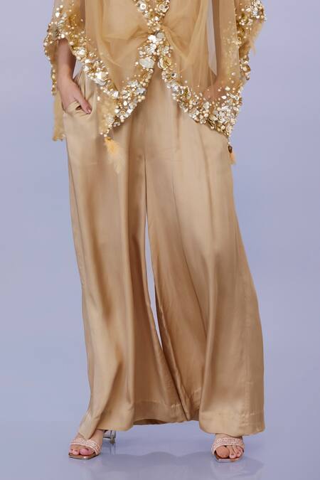 Buy Dilnaz Gold Net And Blended Satin Embroidery Crystal V Sequin Sheer Kaftan With Jumpsuit Online at Aza Fashions Buy_Dilnaz_Gold Net And Blended Satin Embroidery Crystal V Sequin Sheer Kaftan With Jumpsuit_Online_at_Aza_Fashions