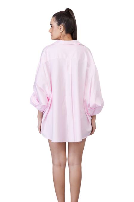 Dilnaz_Pink Blended Cotton Embroidery Snow Flake Collared Pearl Shirt_Online_at_Aza_Fashions