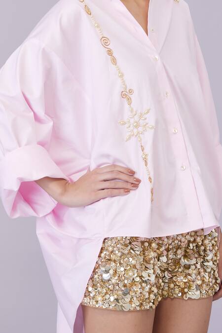 Buy_Dilnaz_Pink Blended Cotton Embroidery Snow Flake Collared Pearl Shirt_Online_at_Aza_Fashions