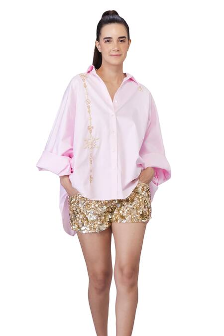 Shop_Dilnaz_Pink Blended Cotton Embroidery Snow Flake Collared Pearl Shirt_Online_at_Aza_Fashions