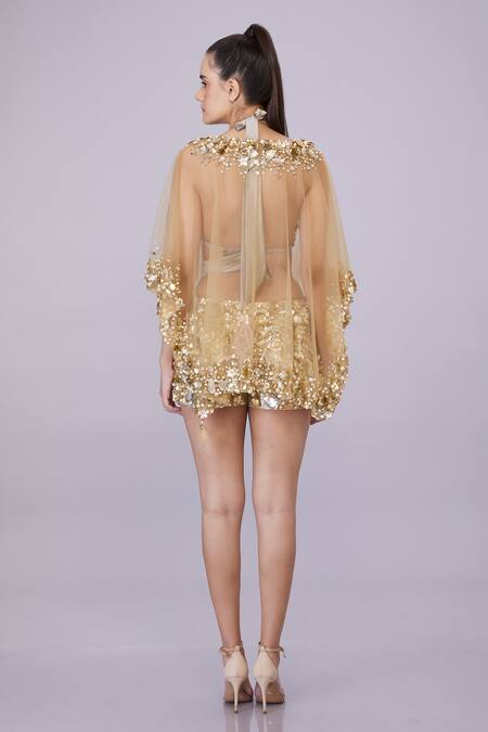 Shop Dilnaz Gold Net Embroidery Crystal V Neck Sequin Sheer Kaftan at Aza Fashions Shop_Dilnaz_Gold Net Embroidery Crystal V Neck Sequin Sheer Kaftan_at_Aza_Fashions