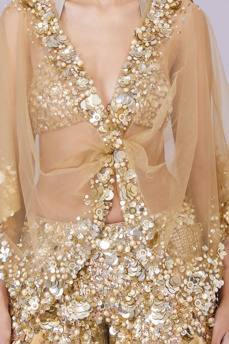 Dilnaz Gold Net Embroidery Crystal V Neck Sequin Sheer Kaftan Online at Aza Fashions Dilnaz_Gold Net Embroidery Crystal V Neck Sequin Sheer Kaftan_Online_at_Aza_Fashions