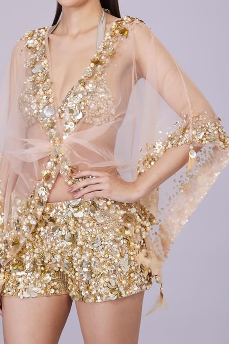 Dilnaz_Peach Net Embroidery Crystal V Neck Floral Sequin Sheer Kaftan_Online_at_Aza_Fashions